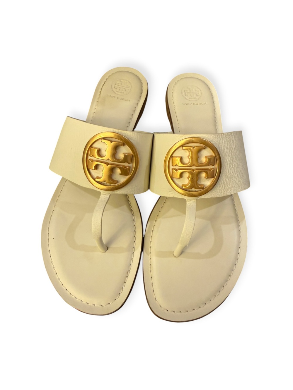 Tory Burch Ivory Leather Medallion Thong Sandals Gold Logo Size 10M